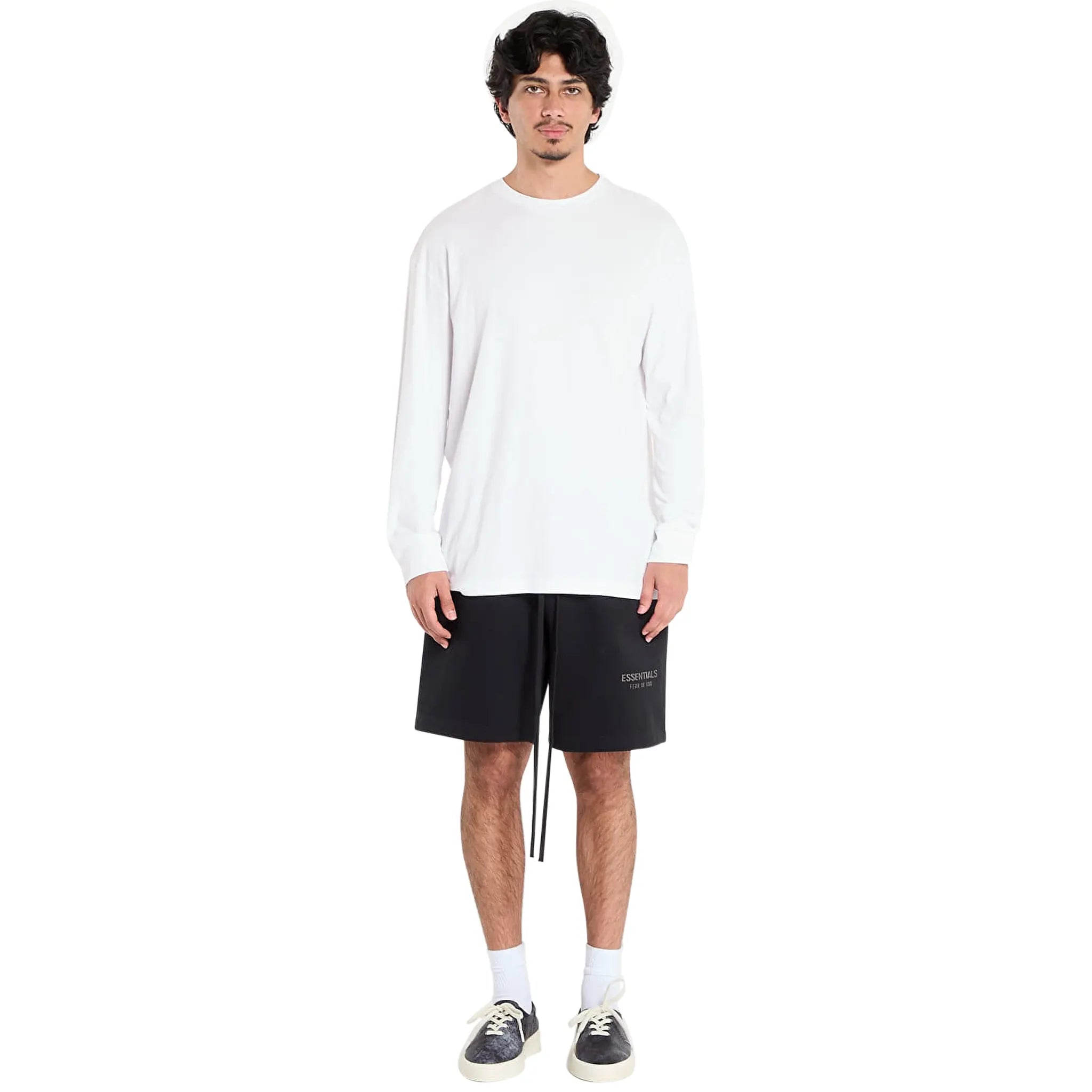 Model View of Fear Of God Essentials Classic Fleece Black Shorts (FW25)